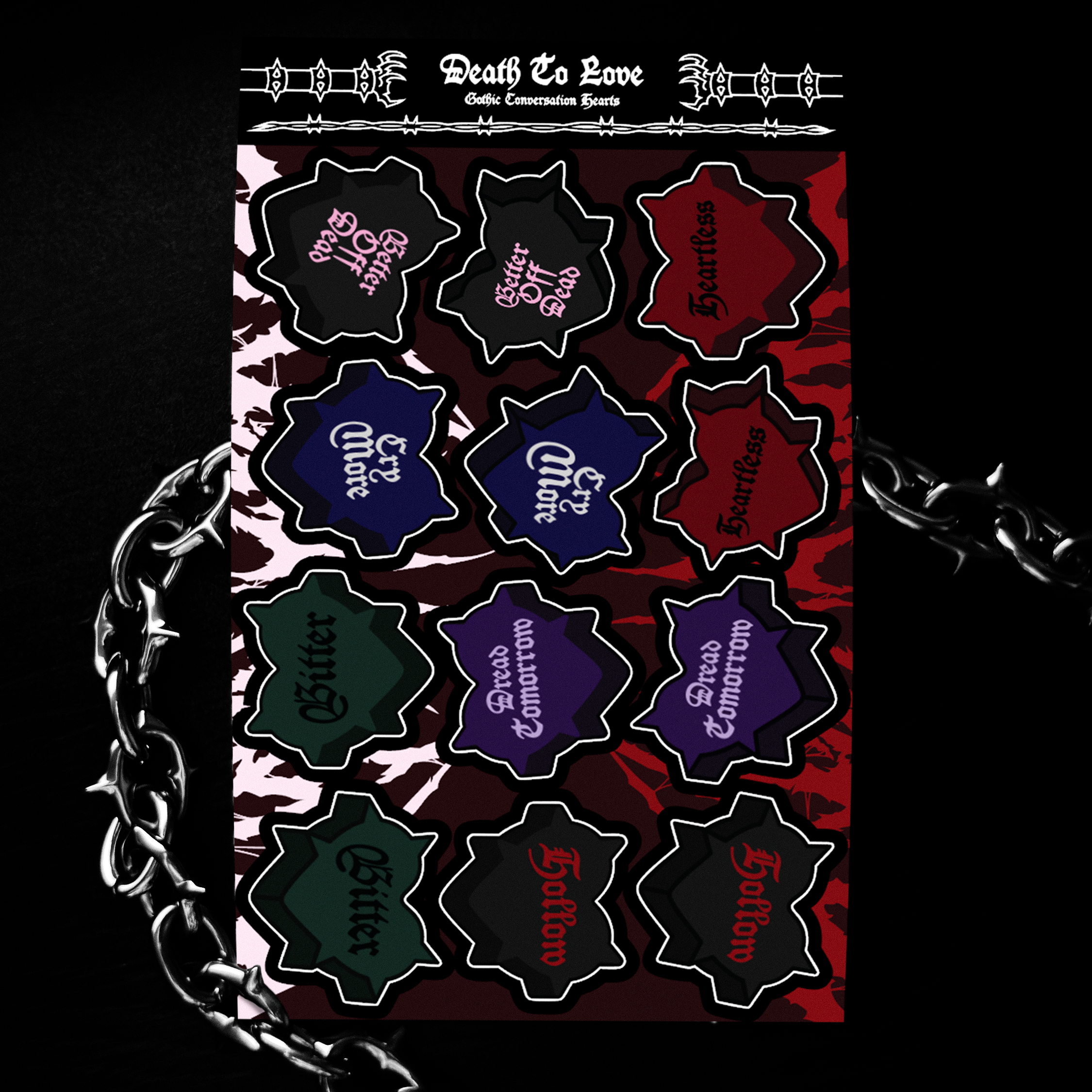 Death To Love: Gothic Conversation Hearts – Sticker Sheet