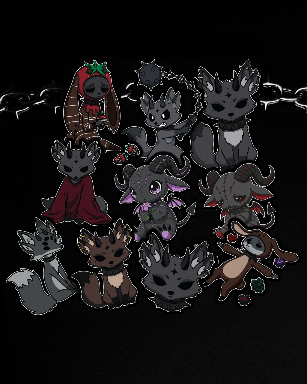 Dreadlings Sticker Pack Vol. I featuring 10 cute horror vinyl sticker designs with cursed mascots, stitched demons, gothic creatures, and dark alternative artwork