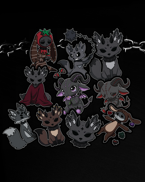 Dreadlings Sticker Pack Vol. I featuring 10 cute horror vinyl sticker designs with cursed mascots, stitched demons, gothic creatures, and dark alternative artwork