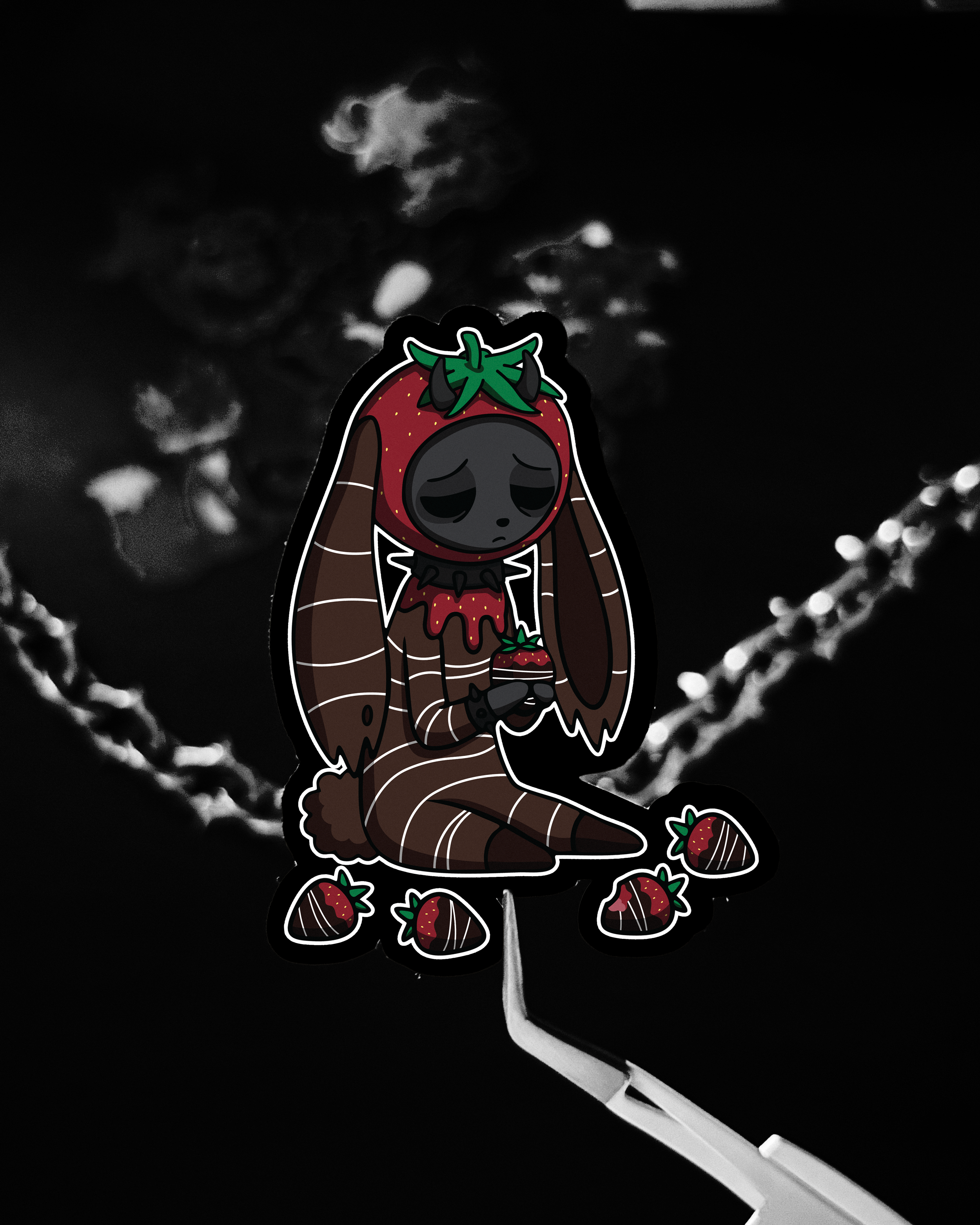 Depressed bunny in a chocolate strawberry onesie, dark cute style, kawaii horror