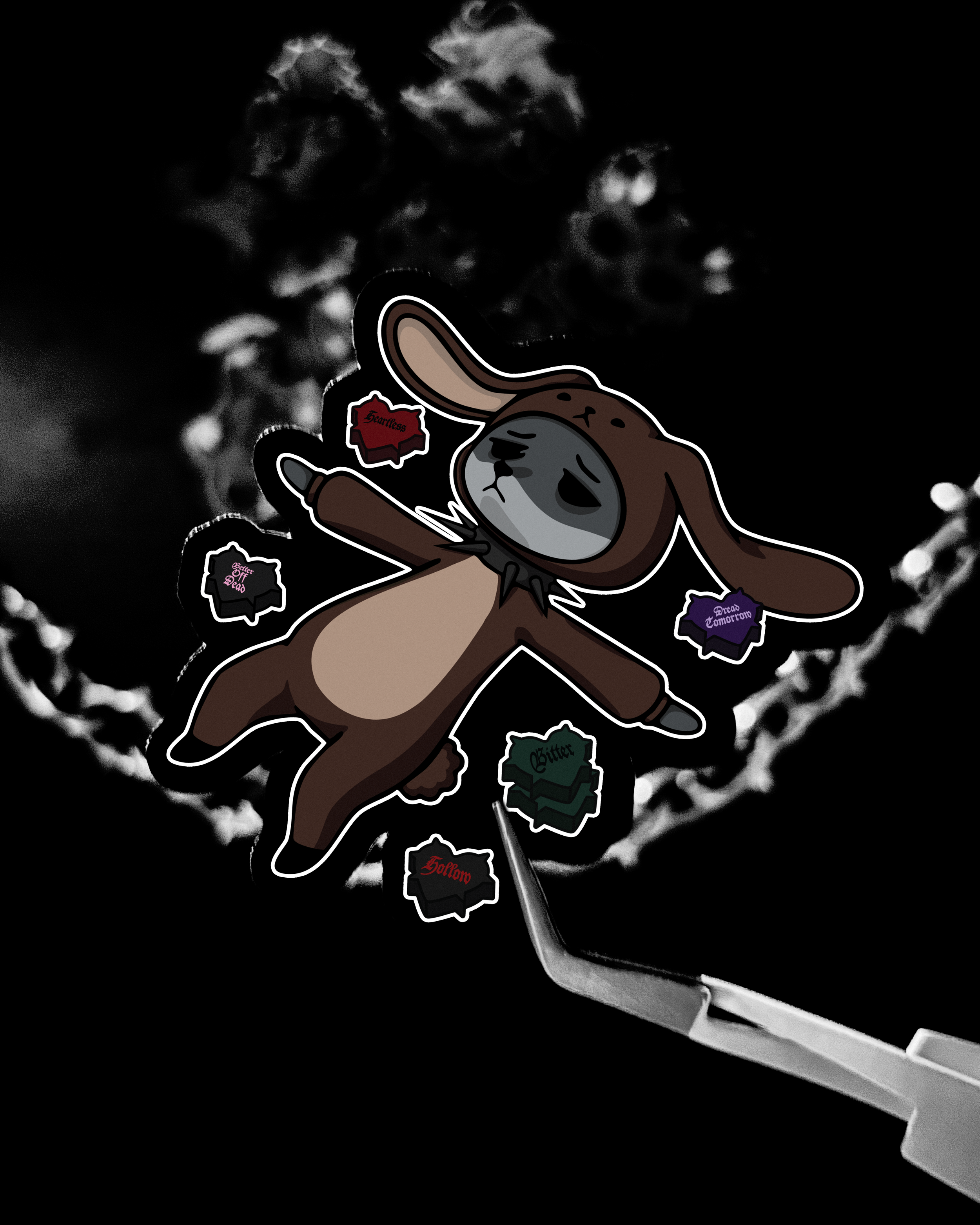 Sad fox demon wearing chocolate bunny onesie, surrounded by gothic spiked conversation hearts, dark cute fantasy style