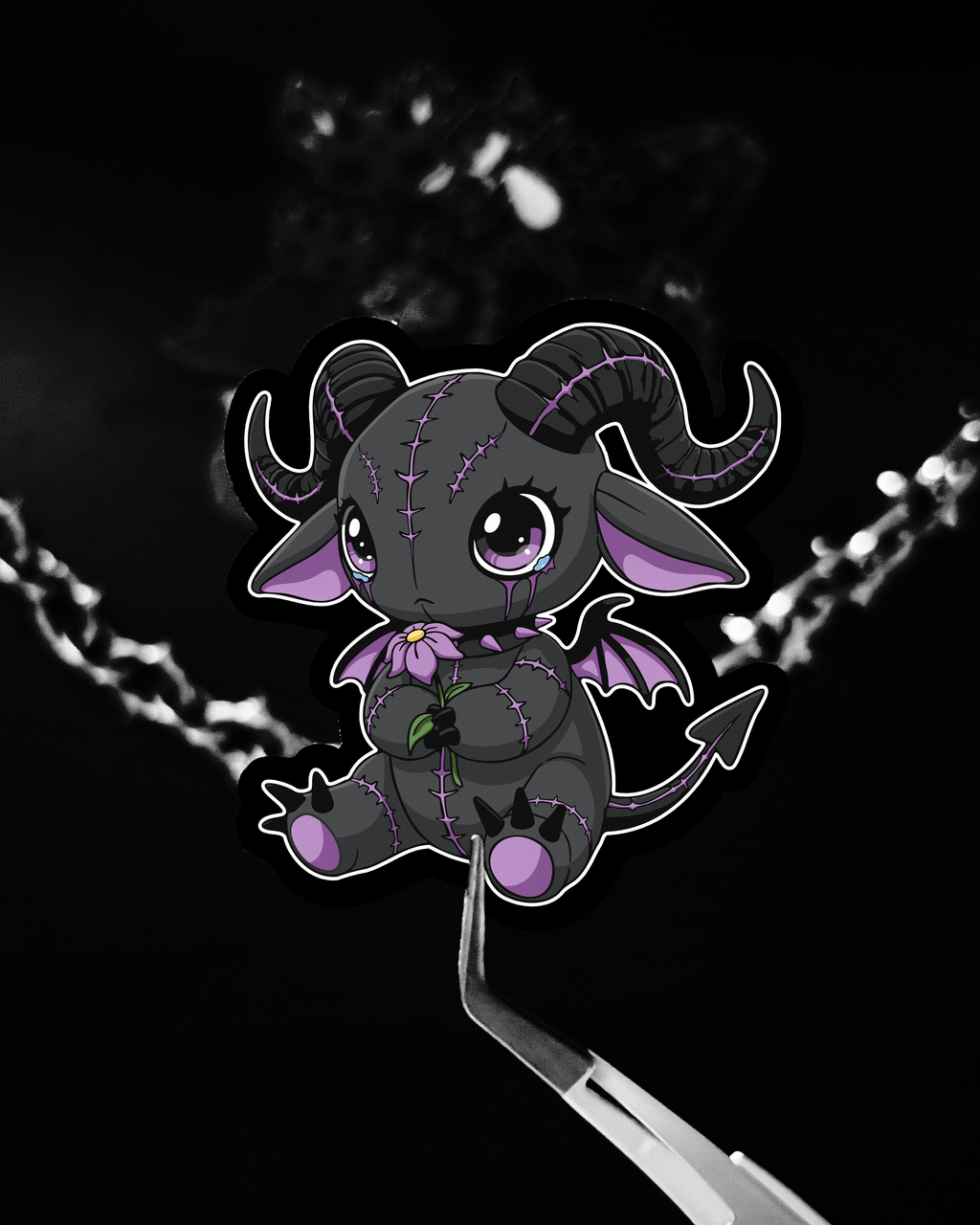 Cute cartoon goat demon with purple accents holding a flower, sad, dark cute style