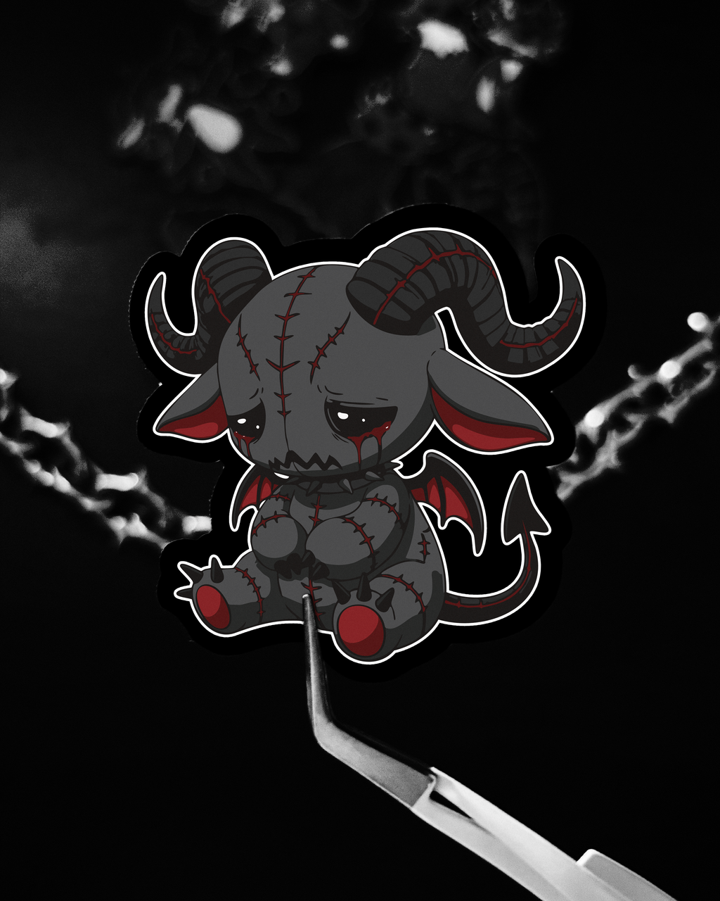 Dark goat demon with red accents, depressed, bleeding eyes, dark cute horror fantasy style
