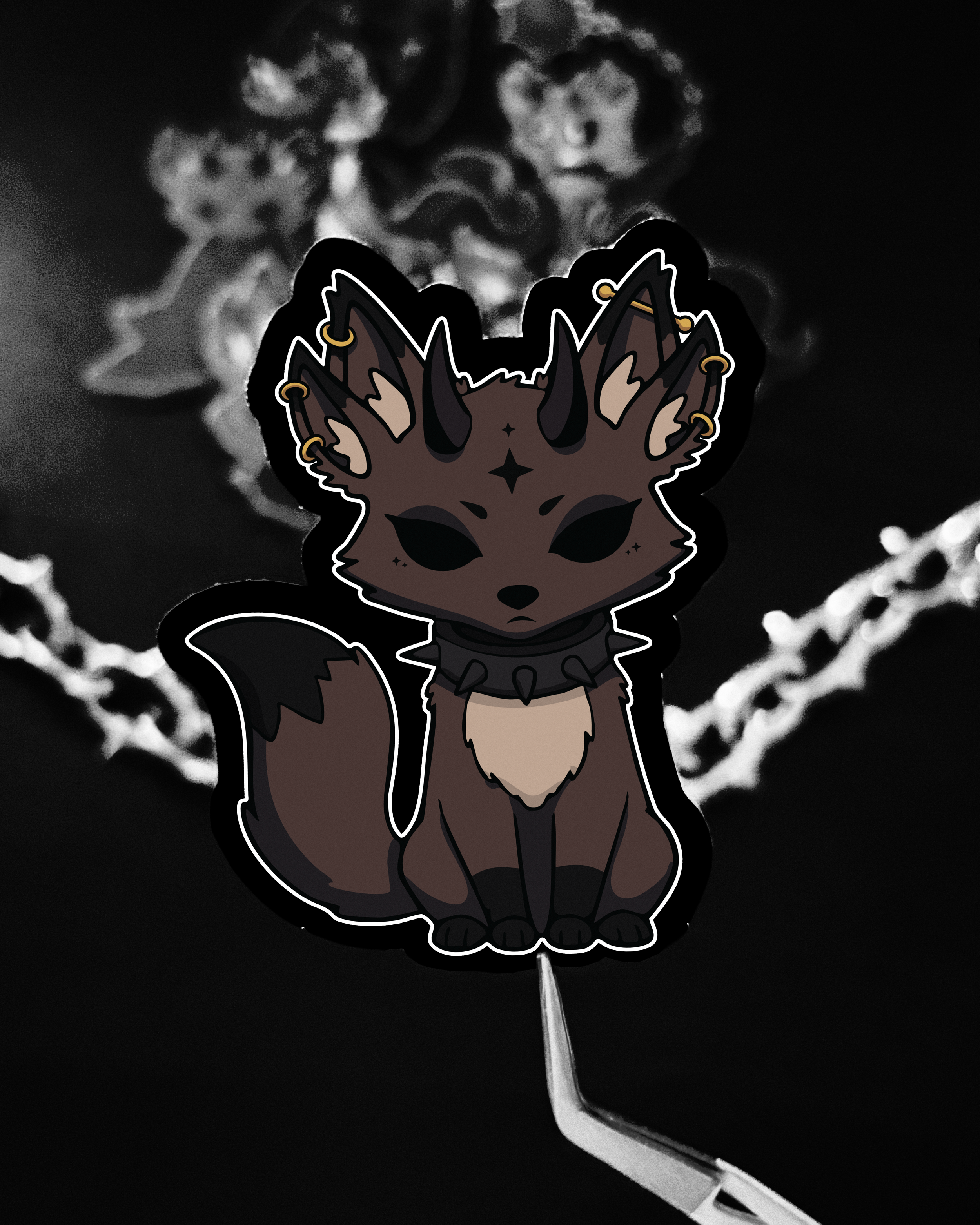Sad demon fox creature vinyl sticker with black horns, gold piercing, dark cute style, mocha color