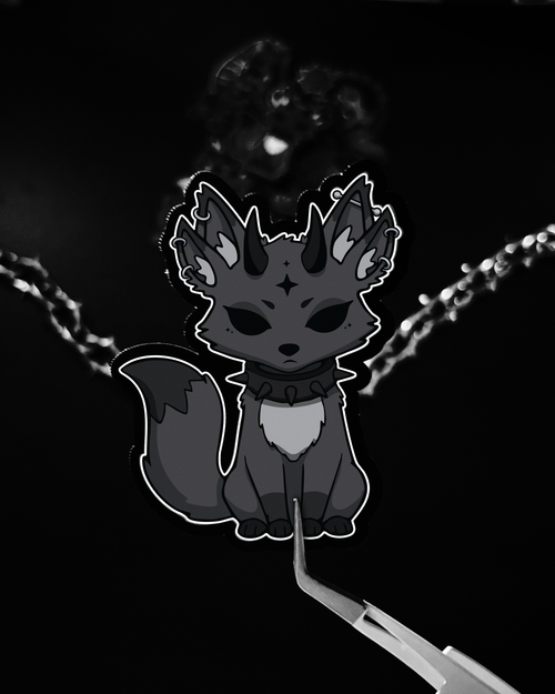 Sad demon fox creature vinyl sticker with black horns, piercings, 4 ears, moody, dark cute style