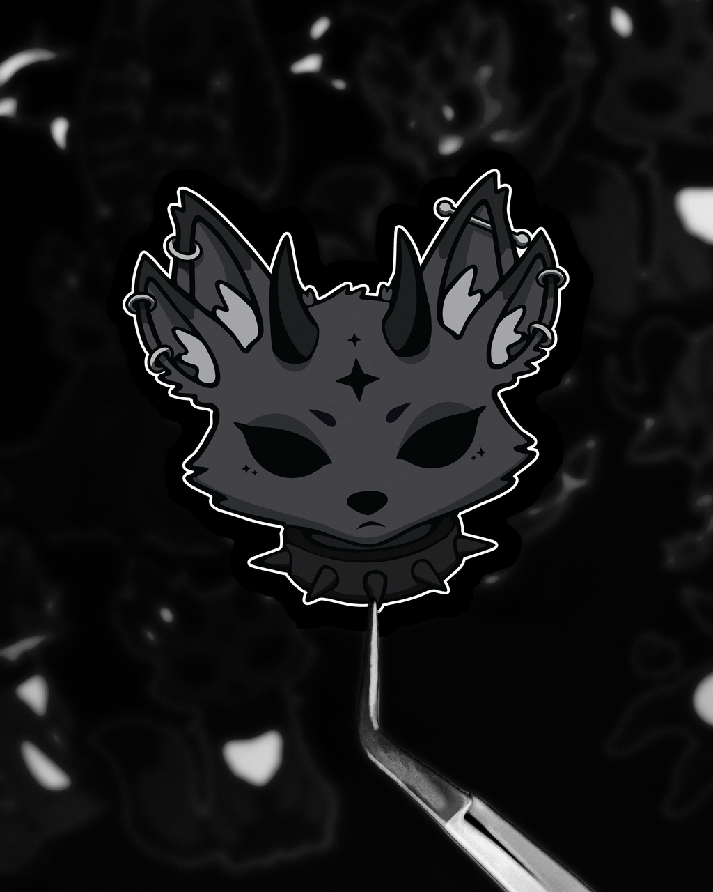 Sad demon fox creature vinyl sticker with black horns, headshot, dark cute tyle, piercings, alternative